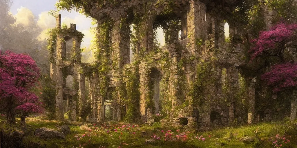 Prompt: Art of The cinematic view of The overgrown ruins of a stone tower amidst a forest of flowering trees by John Howe