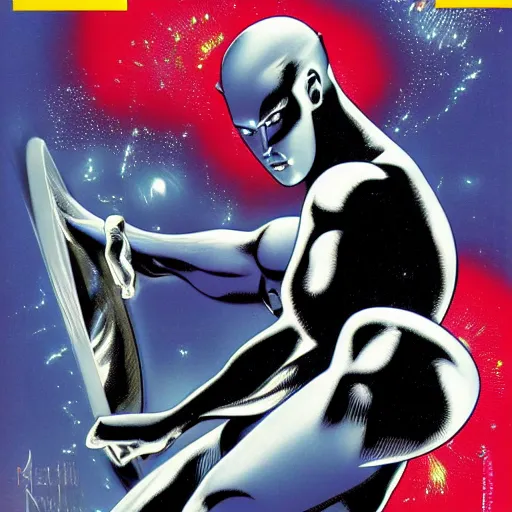 Prompt: dreams of silver surfer, manga comic book cover, action, reflective, by robert mapplethorpe