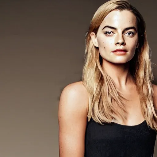 Image similar to a woman who is a genetic combination of margot robbie and emma watson face and upper - body focus