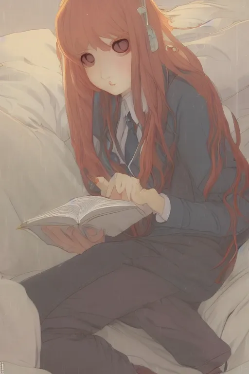 Prompt: a teenage girl in a jk uniform outfit in the bedroom reading a book in a night, raining outside the window, grey and orange theme ， wavy white long hair, by krenz cushart and mucha and akihito yoshida and greg rutkowski and wlop, detailed eyes, 4 k resolution