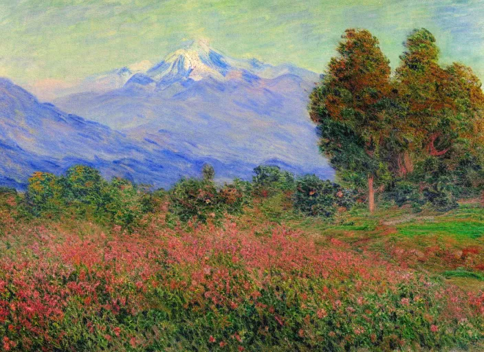 Prompt: a landscape of the city of santiago de chile with the andes mountain range background impressionist painting by monet