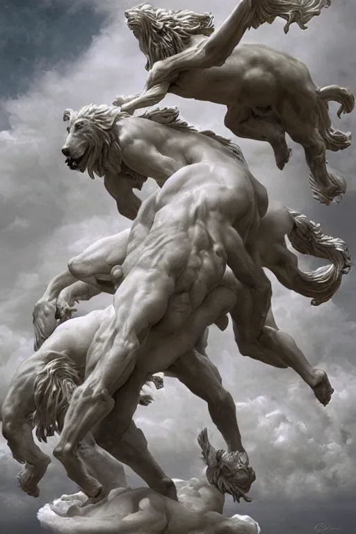 Image similar to Dramatic view of Cerberus statue sculpted on white stained marble by Bernini and kris kuksi, Bastien Lecouffe-Deharme, Maxfield Parrish