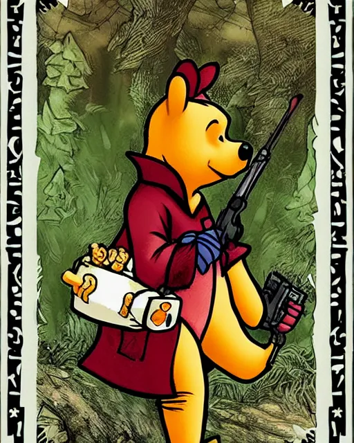 Image similar to Gothic Winnie the Pooh killer with pistol and jade jewelry painted on tarot card, digital art, high detailed, trending on artstation