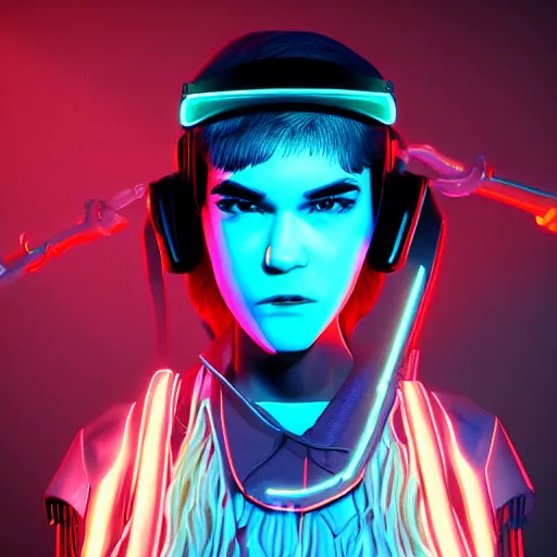 Prompt: grimes on stage djing, volumetric neon lights in the background, gleaming, 3 5 mm photography, portrait!!!!!!, photorealistic facial features, trending on artstation, 4 k, 8 k, zbrush, mannerism