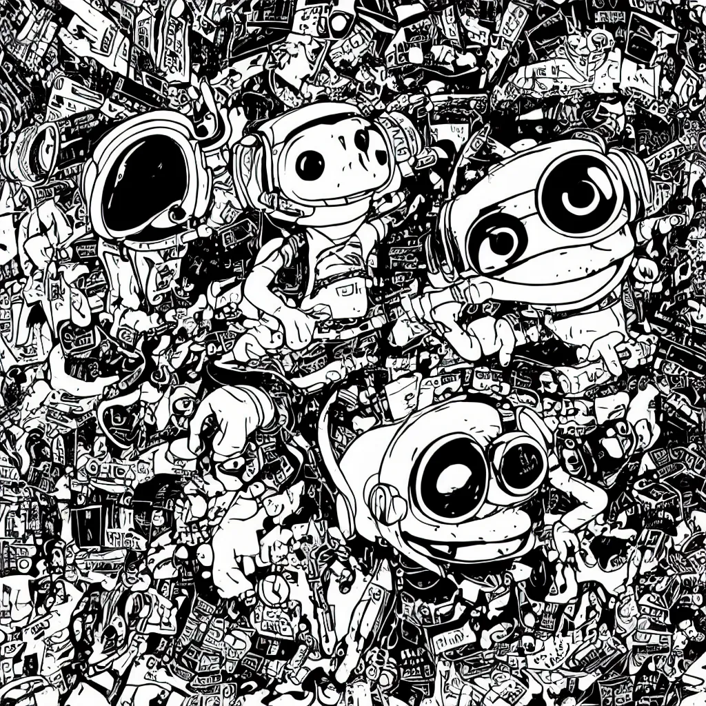 Image similar to a toad wearing headphones, ryuta ueda artwork, breakcore, style of jet set radio, y 2 k, gloom, space, cel - shaded art style, record store, data, minimal, code, cybernetic, dark, eerie, cyber