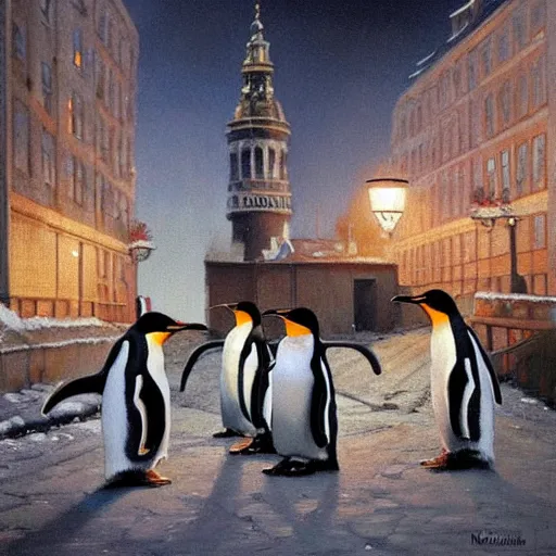 Image similar to penguins in copenhagen, epic rim lighting, digital art oil painting by norman rockwell trending on artstation