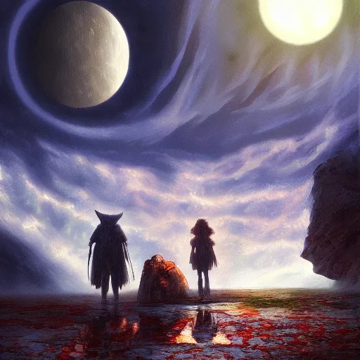 Prompt: impressionistic oil painting of the eclipse scene of the manga berserk, key visual, concept art, extremely moody lighting, highly detailed, digital painting, artstation, unreal engine,