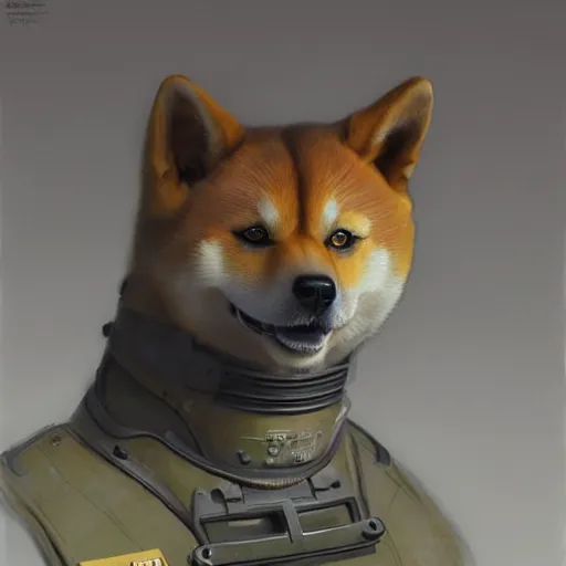 Image similar to realistic anthropomorphic shiba inu, in radiation suit armor, fantasy science fiction, glowing electric aura, by donato giancola and greg rutkowski and wayne barlow and zdzisław beksinski, realistic face, visible face, digital art, artstation, symmetry