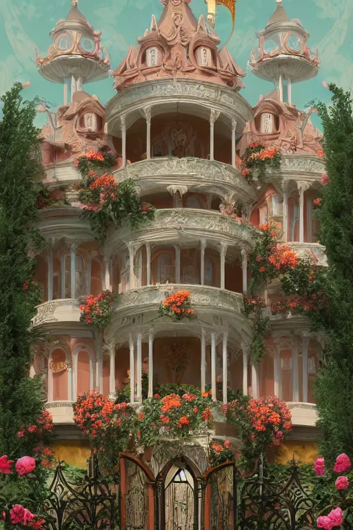 Image similar to The front of the white Rococo-style castle is full of roses, Art Nouveau Cosmic 4k Detailed Matte Illustration featured on Getty Images ,CGSociety, Jade and Carrot orange color scheme, Pastiche by Marc Simonetti, Pastiche by Cedric Peyravernay