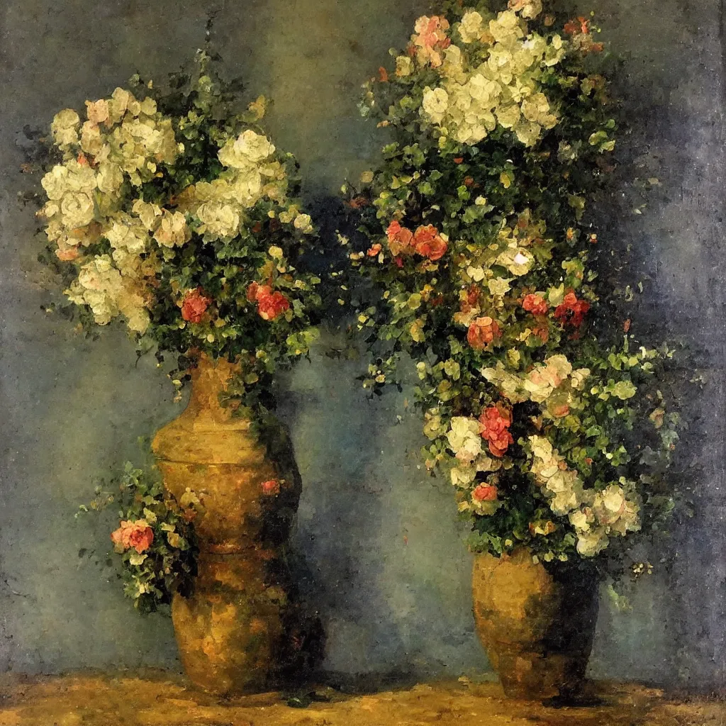 Image similar to beautiful large empty vase in a dark room with light catching on it’s shiny polished surface, no flowers,painted in the style of the old masters, painterly, thick heavy impasto, expressive impressionist style, painted with a palette knife