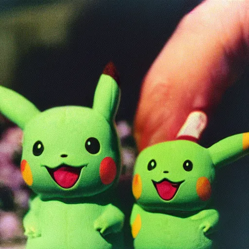 Prompt: 1 9 8 0 s photograph of pikachu and bulbasaur together