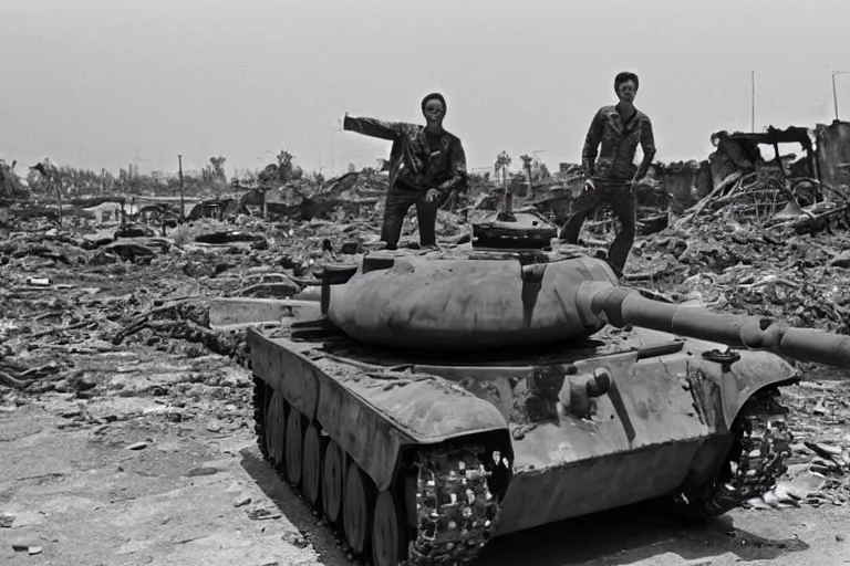 Prompt: a photo of a two mans posing in front of tank in destroyed vietnamese city, us journalism ministry photo, 1 9 6 9, color photo, fim still