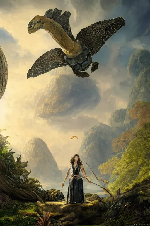 Image similar to A fantasy book style portrait painting of the Great Turtle Island at the center of the Universe, accompanied by a hybrid, Anya_Taylor-Joy, Cory Chase, Eva Green, as a Mystical Valkyrie, Anubis-Reptilian, Atlantean Warrior, François Boucher, Oil Painting, Crisp clear resolution, unreal 5, DAZ, hyperrealistic, octane render, Regal, Refined, Detailed Digital Art, RPG portrait, Walt Disney (1937), William-Adolphe Bouguereau, Michael Cheval, Steampunk, Volumetric Golden dappled dynamic lighting, Highly Detailed, Cinematic Lighting, Unreal Engine, HD, 8k, HD