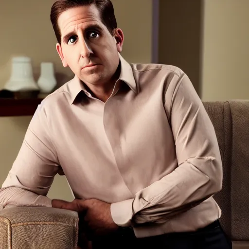 Prompt: full body photo of michael scott, mature male, mysterious face. he is sitting gracefully on a sofa, elegant slim beige shirt, tight shirt, bouncy belly