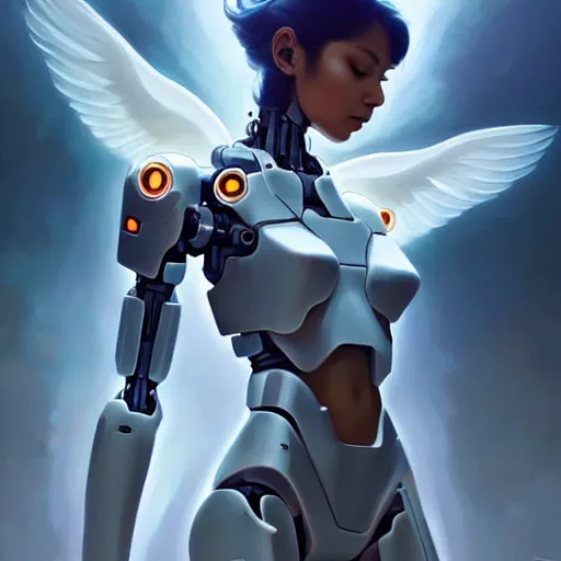 Prompt: beautiful full body mecha goddess meditation, creative, perfect skin, angelic, digital painting, beautiful eyes!, pretty face!!, symmetry, concept art, sharp focus, illustration, art by artgerm! greg rutkowski magali villeneuve wlop! ilya kuvshinov!!, octane render