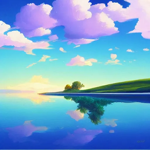 Image similar to a painting of clouds and a body of water, digital art by rhads, featured on pixiv, digital art, seapunk, chillwave, anime aesthetic