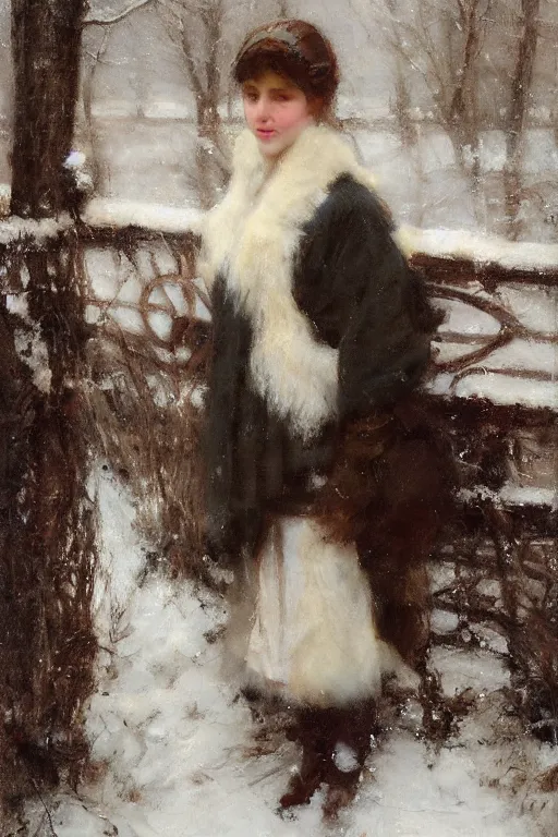 Image similar to Richard Schmid and Jeremy Lipking full length portrait painting of a young beautiful edwardian girl hold a victorian fur handwarmer standing in the snow