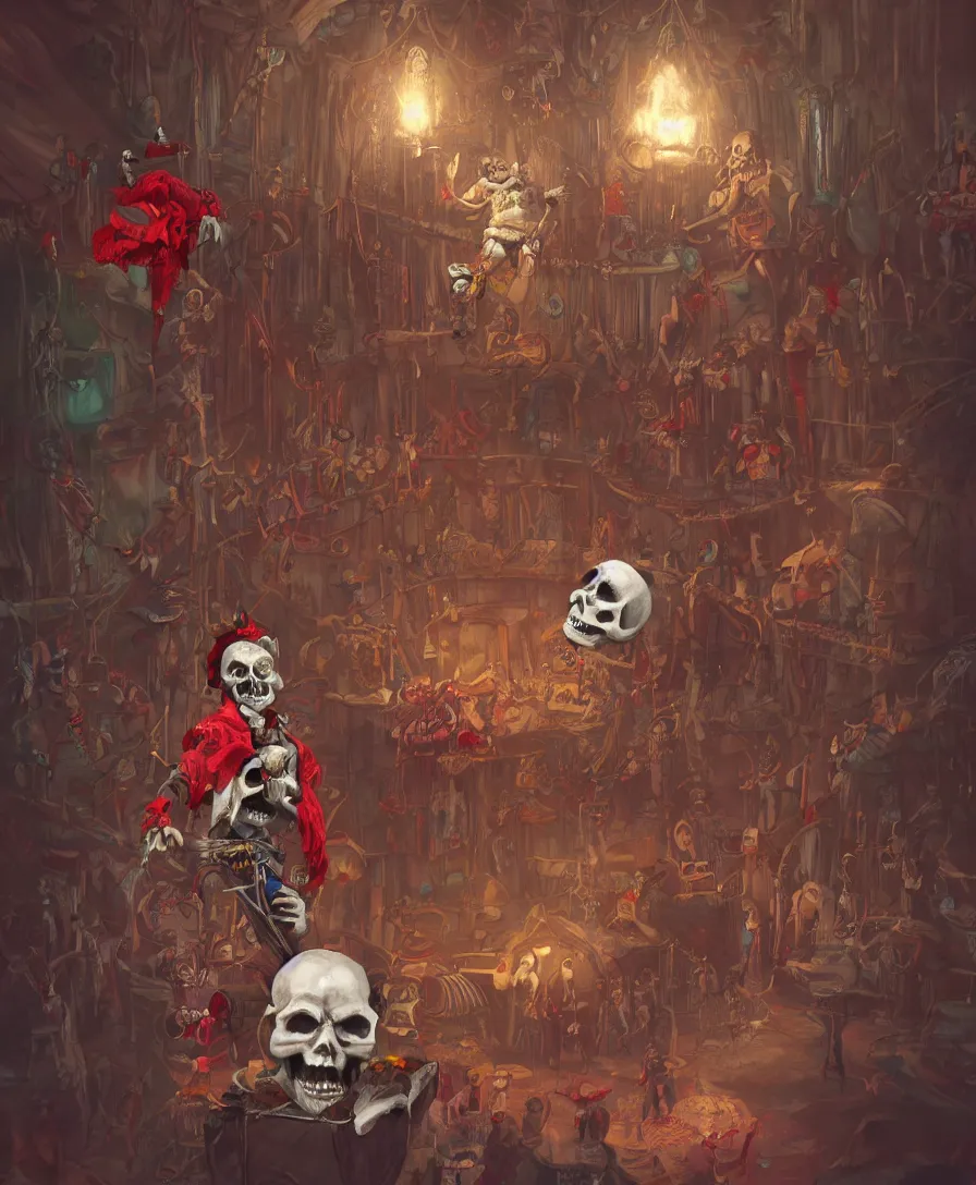 Image similar to skull clown inside a circus, artstation, concept art, illustration, by Greg Rutkowsk