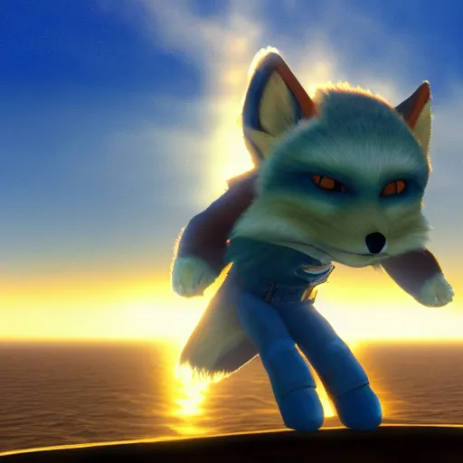 Image similar to high quality photo of star fox looking out at the ocean at sunset realism 8k award winning photo