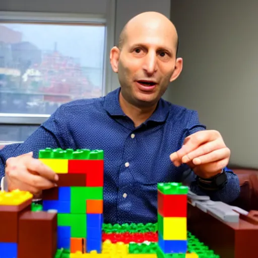 Image similar to A photo of Naftali Bennett playing with legos in his office, high quality