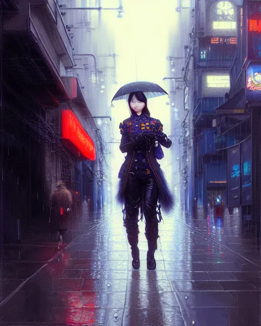 Prompt: beautiful portrait of kang seul - gi, ultra white hair, android, in rainy city street, cyberpunk, wearing tactical gear, by gaston bussiere, craig mullins, j. c. leyendecker, gustav klimt, artgerm, greg rutkowski