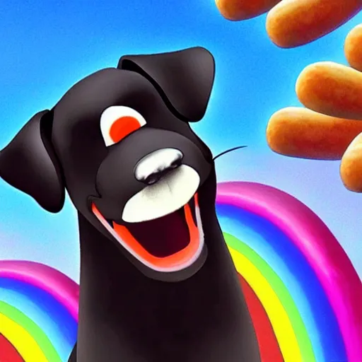 Image similar to adorable cartoon black lab chasing a hotdog across a rainbow bridge, by pixar