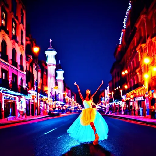 Image similar to princess dancing in the street during the night with a blue and red moon shining on the city, blue and warm lights, radiant light