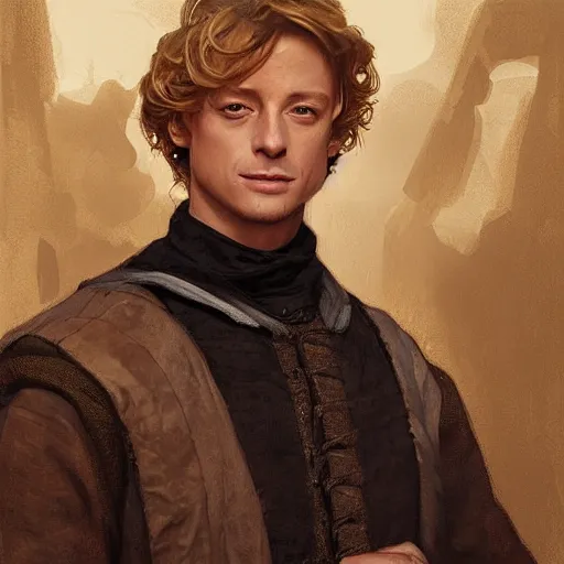 Image similar to a young man wearing 16th century clothes, sly expression, blonde, young simon baker, D&D, fantasy, portrait, highly detailed, digital painting, artstation, concept art, sharp focus, illustration, art by artgerm and greg rutkowski and alphonse mucha