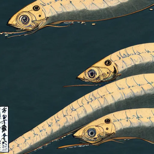 Prompt: hyperrealism, a world made of sardines by katsushika hokusai, highly detailed, 4k detail post processing, environment concept, cinematic