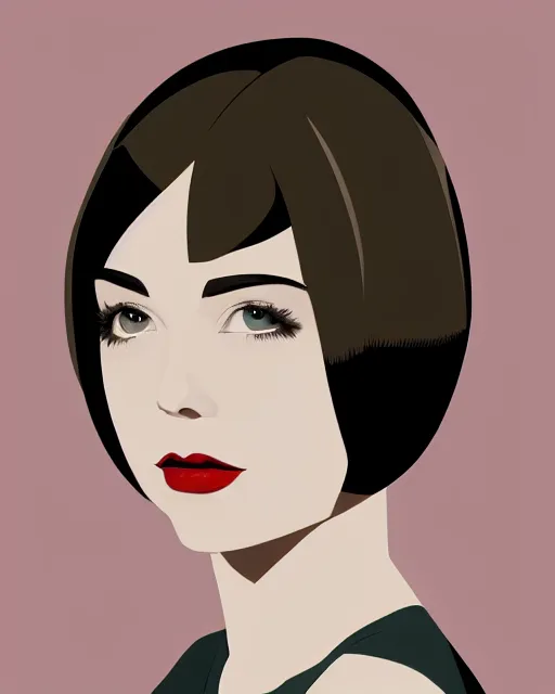 Prompt: colleen moore 2 2 years old, bob haircut, portrait by stanley artgerm, dramatic lighting, ilya kuvshinov, trending on artstation, abstract flat colour, geometric curves, sherilyn fenn eyebrows