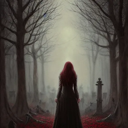 Image similar to a painting of a woman standing in a graveyard, an ultrafine detailed painting by seb mckinnon, featured on cgsociety, gothic art, darksynth, dark and mysterious, ominous vibe, red leaves on the ground