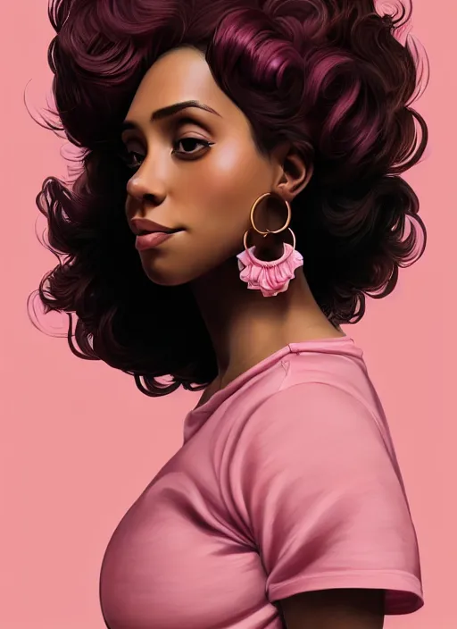 Image similar to full body portrait, teenage vanessa morgan, pink hair, brown skin, obese, curly pixie hair, sultry, realistic, short hair, hoop earrings, skirt, shirt, fat, belly, intricate, elegant, highly detailed, digital painting, artstation, concept art, smooth, sharp focus, illustration, art by wlop, mars ravelo and greg rutkowski