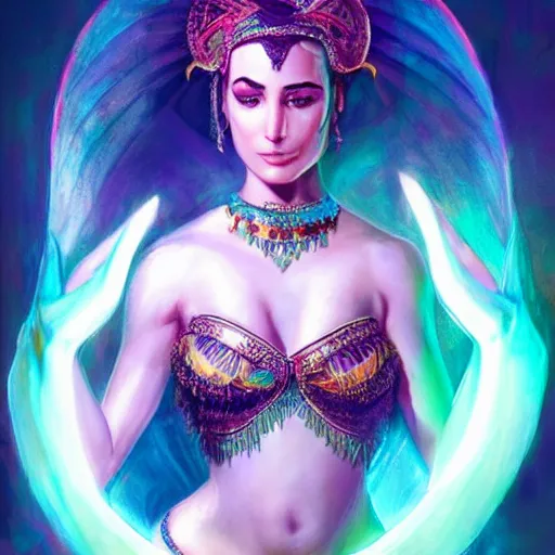 Prompt: photo of a beautiful female bellydancer dragon, anthropomorphic, sharp focus, illustration, ultra real, masterpiece, glowing holy aura by magali villeneuve and stanley artgerm lau, wlop,