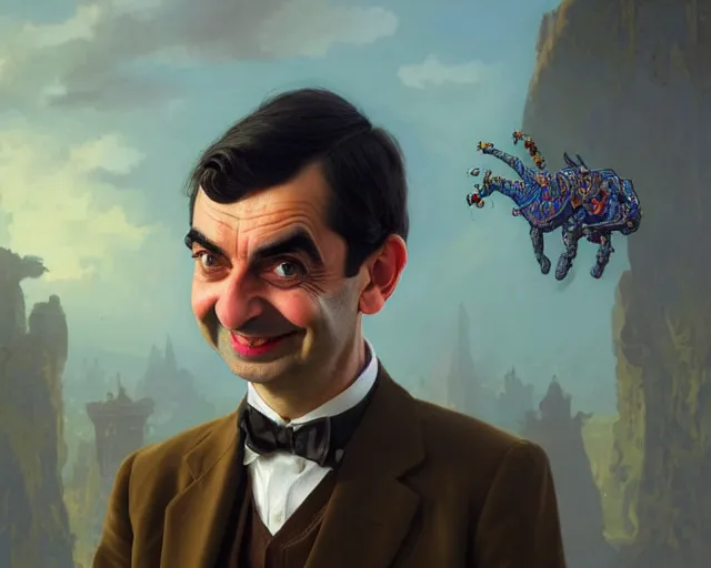 Image similar to a young mr bean looking very happy, photography of kurzgesagt, deep focus, d & d, fantasy, intricate, elegant, highly detailed, digital painting, artstation, concept art, matte, sharp focus, illustration, hearthstone, art by artgerm and greg rutkowski and alphonse mucha