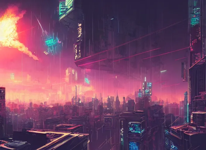 Image similar to meteorite hitting a cyberpunk city at night by wlop, key visual, high detail, digital art