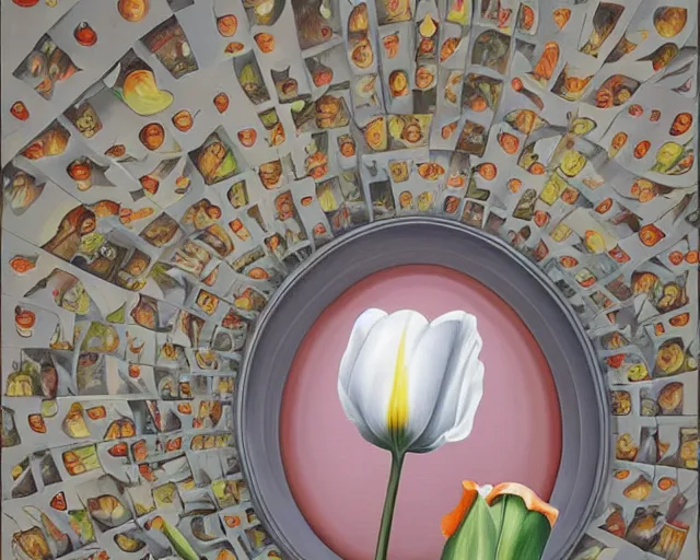 Image similar to rule of thirds inside the tulip on a table, an ultrafine detailed painting by rafal olbinski, behance contest winner, pop surrealism, detailed painting, very detailed, minimalist, skeuomorphic, airbrush art