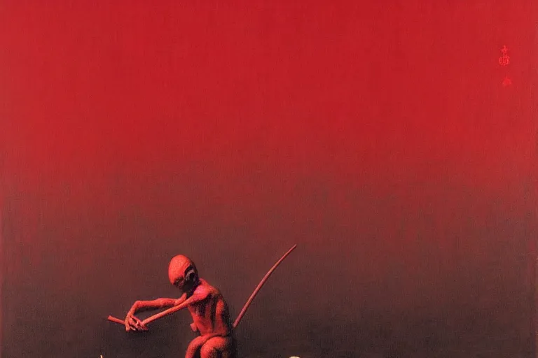 Image similar to only with red, a red samurai do seppuku, tokio, a lot of frogs watch, in the style of beksinski, parts by edward hopper, parts by rodcenko, parts by yue minjun, intricate and epic composition, red by caravaggio, insanely quality, highly detailed, masterpiece, red light, artstation, 4 k