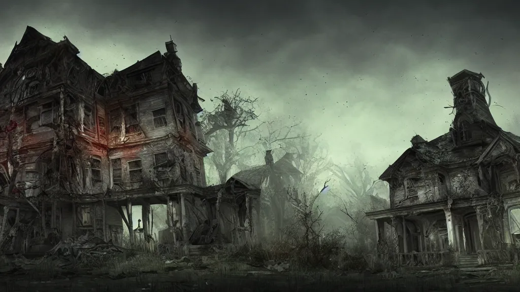 Image similar to a haunted destroyed house, trending on artstation, wide view, cinematic view, cinematic, 8 k, digital photo, unreal engine, colored paint, colorful paint, scary style