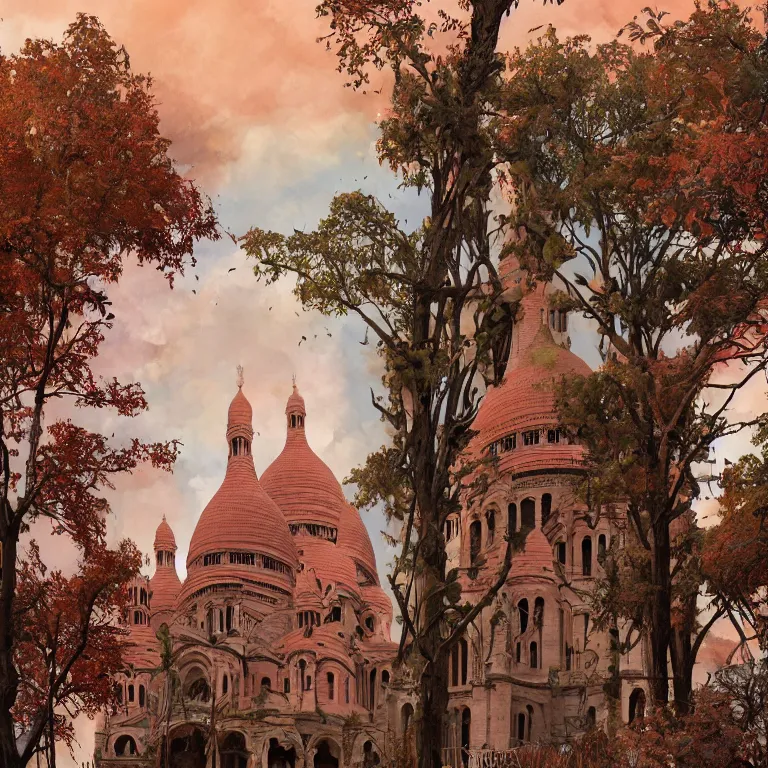 Prompt: abandoned Basilica of Sacré Coeur de Montmartre, toxic orange and pink clouds strain the sunlight, stark contrasting lighting, contrejour, a two-headed mutated deer-like creature looks on in the distance from the sparse twisted silhouetted foliage, a highly detailed colorful matte painting by Ian McQue and Andreas Rocha, featured on Artstation, Unreal Render, 8k HDR, fisheye