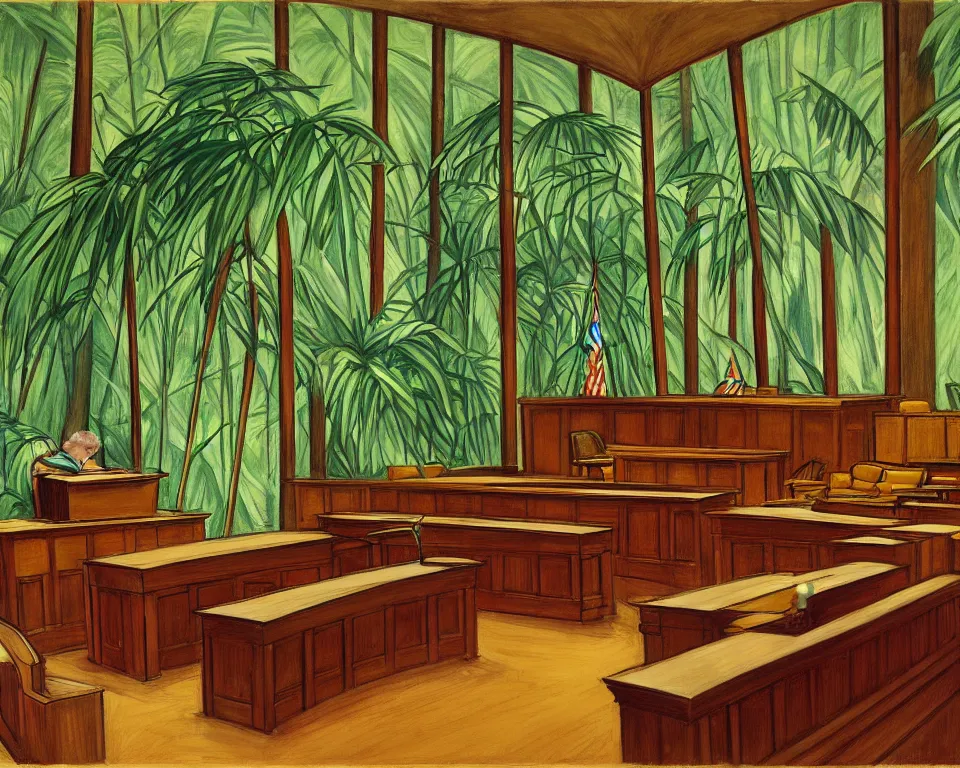 Image similar to a courtroom in the rainforest by hopper. hyperdetailed, proportional, romantic, enchanting, achingly beautiful, graphic print, trending on artstation, jungle, tropical, foliage