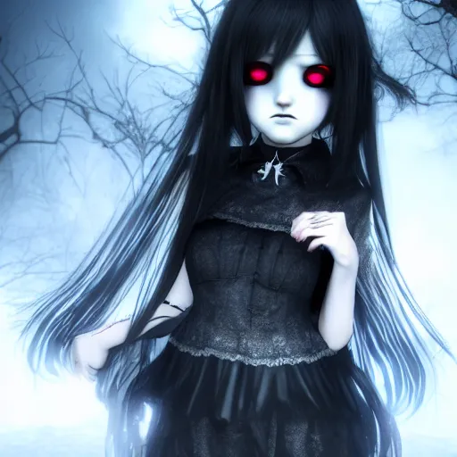 Image similar to photorealistic full shot portrait of kawaii angry darkness vampire anime girl, gothic clothing, worrying eyes, inspired by Tim Burton, detailed, unreal engine 4k volumetric light, fog,