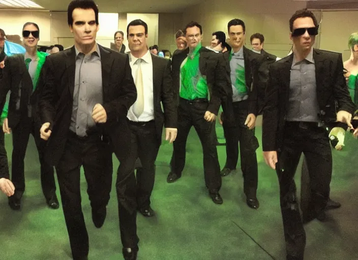 Image similar to tommy tallarico dressed as agent smith from the matrix surrounded by multiple versions of himself with green tint matrix filter