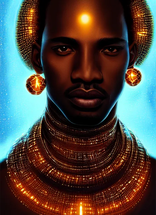 Prompt: portrait of young black man with glowing jewels, afro - futurist style, intricate, elegant, glowing holographic screen, highly detailed, digital painting, artstation, concept art, smooth, sharp focus, illustration, art by wlop, mars ravelo and greg rutkowski