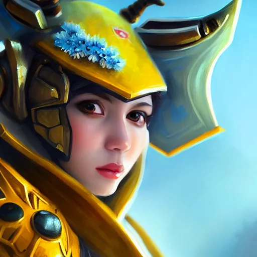 Image similar to closeup painting of cute bee warrior with themed magic armor, portrait, hyperdetailed, artstation, cgsociety, 8 k, by tangerine dream