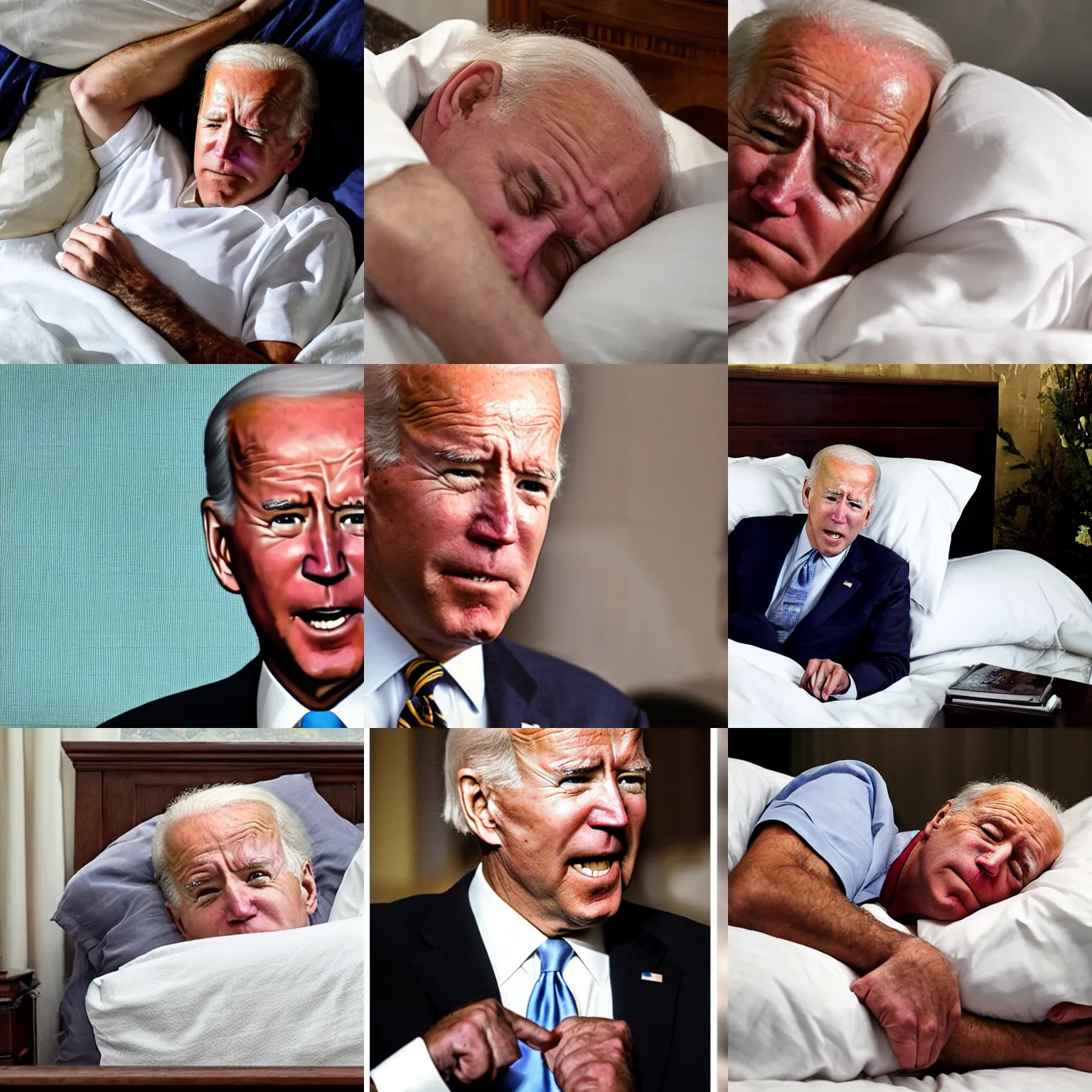 Prompt: photo of crying, depressed, tired, sad, and weak joe biden in bed