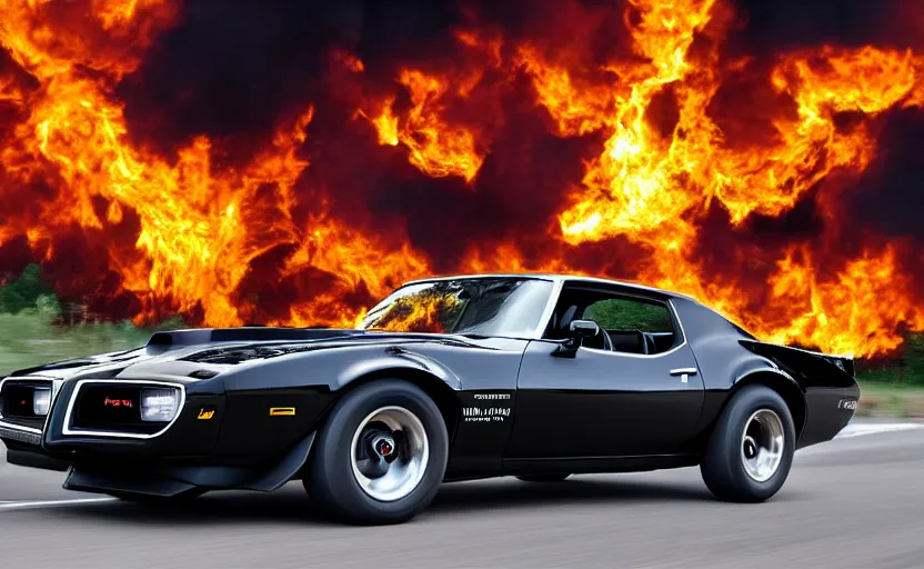 Image similar to a black 1 9 7 3 pontiac firebird trans am sd - 4 5 5 driving high speed, fire explosion in the background, action scen. realistic. high resolution. dramatic