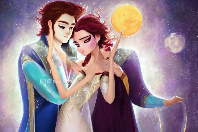 Image similar to a cinematic portrait of wedding photograph jpeg close up moment of a divine a japan sun god and moon goddess lovers magician at a wedding banquet. portraiture. digital painting. artstation. concept art. wedding photo. illustration. frozen ii art masterpiece by art by krenz cushart