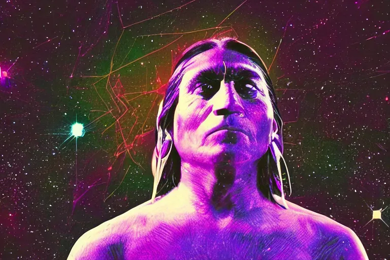 Image similar to photograph of a spiritual native american man looking up at the stars, art, universe, blender, pastel colors, synthwave, retro, cyberpunk,