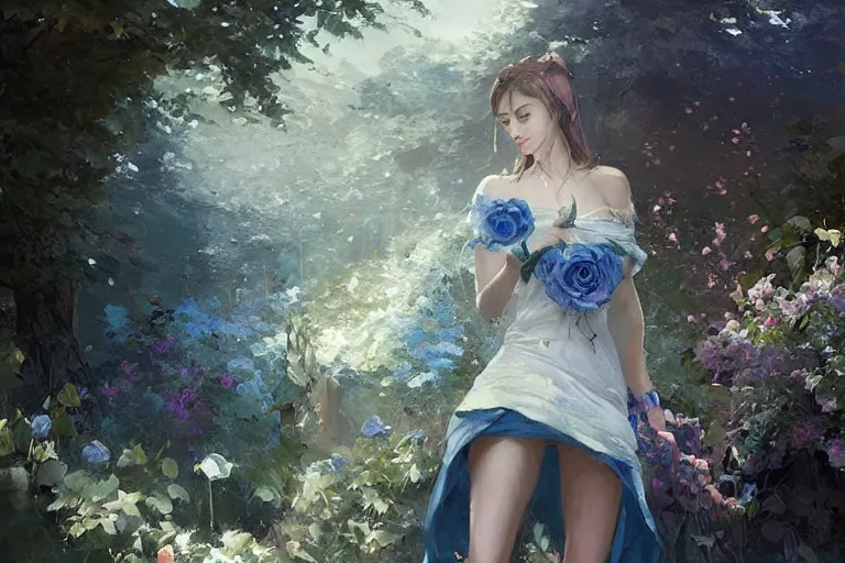 Image similar to a beautiful painting of blue roses garden, girl, by greg rutkowski, trending on artstation