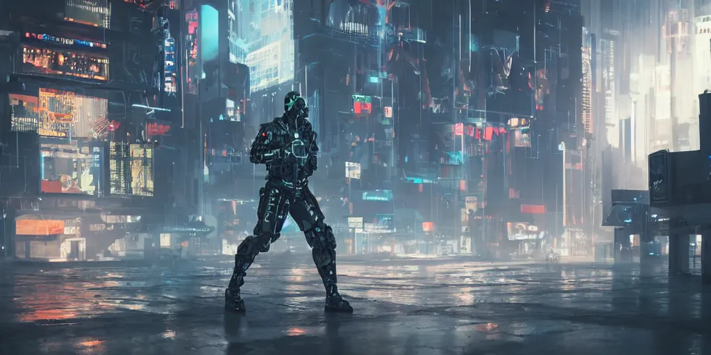 Image similar to cyber soldier fighting in a cyberpunk city, realism, 4 k, award winning photograph octane render, award winning photograph